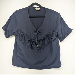 Impact Vintage Navy Blue Fringe Western Lace Up Top Short Sleeve Made‎ in USA M